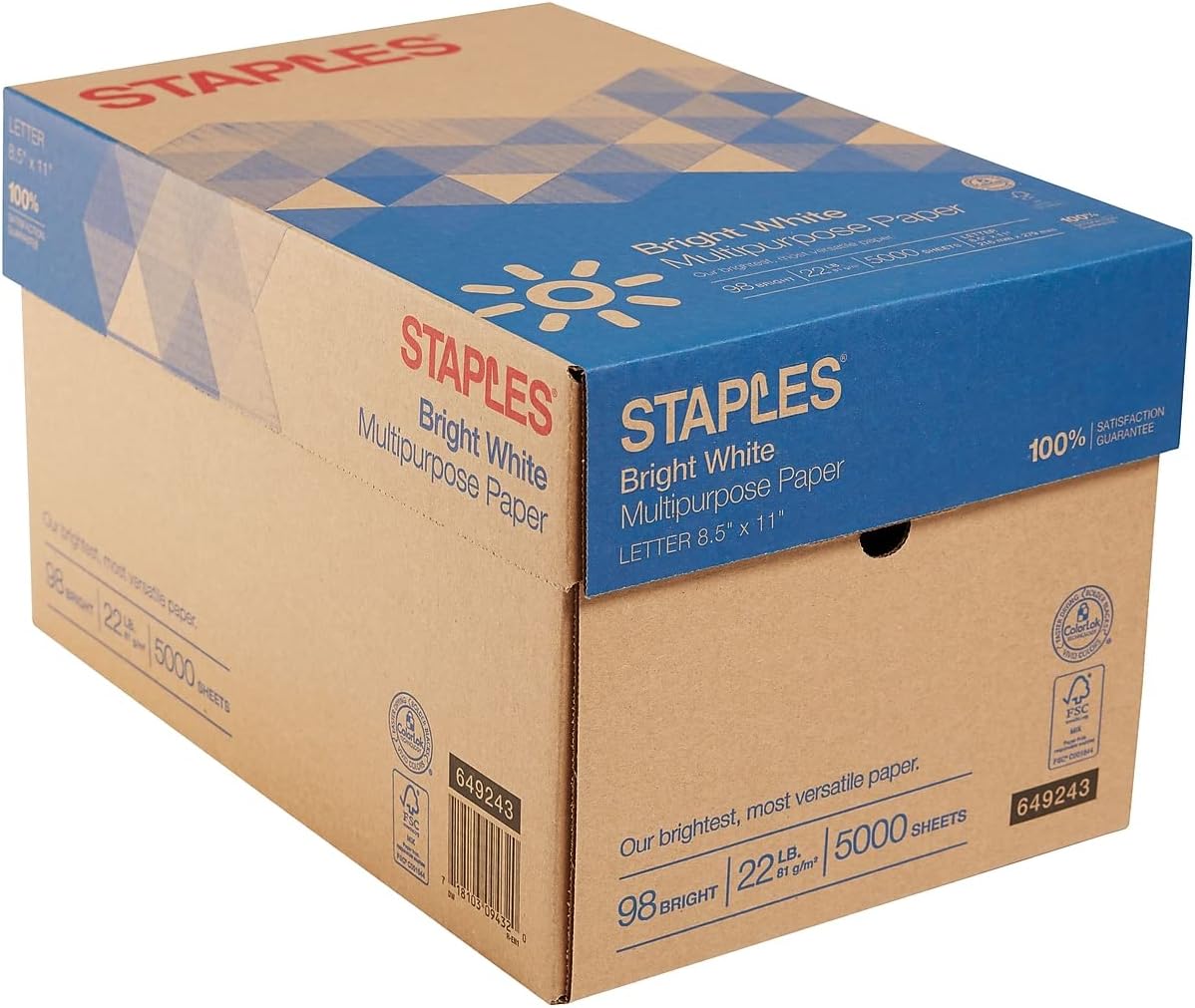 Staples 8.5-Inch x 11-Inch Multipurpose Paper 22 lbs 98 Brightness 500/RM 10 RM/CT