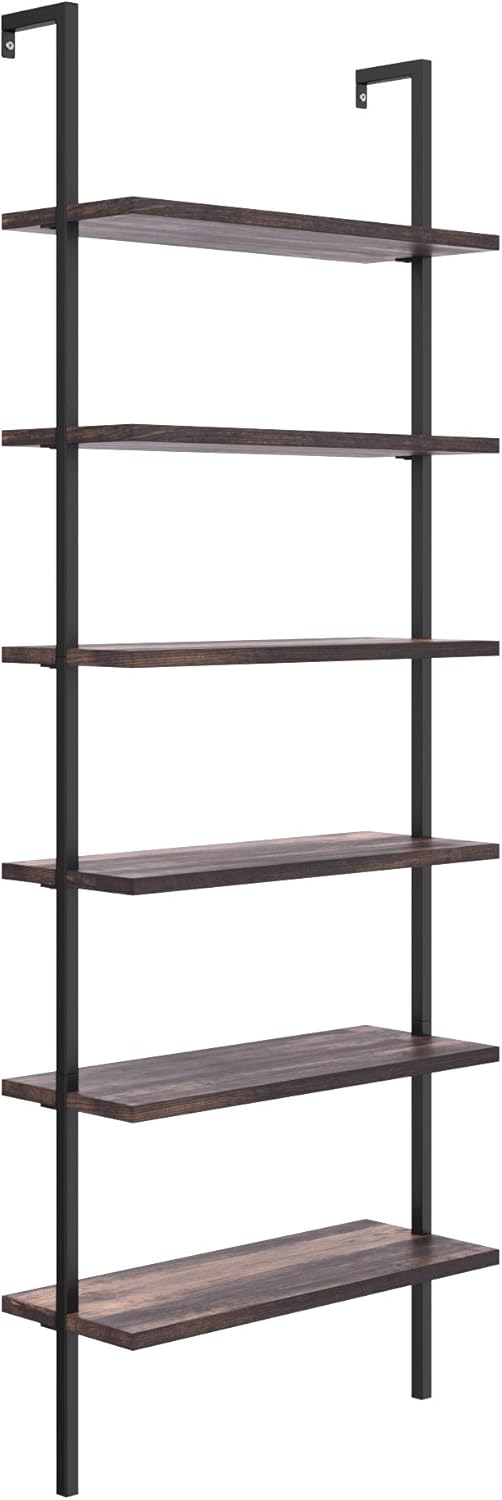 Nathan James Theo 6-Shelf Tall Bookcase, Wall Mount Bookshelf with Natural Wood Finish and Industrial Metal Frame, Nutmeg/Matte Black, Set of 4