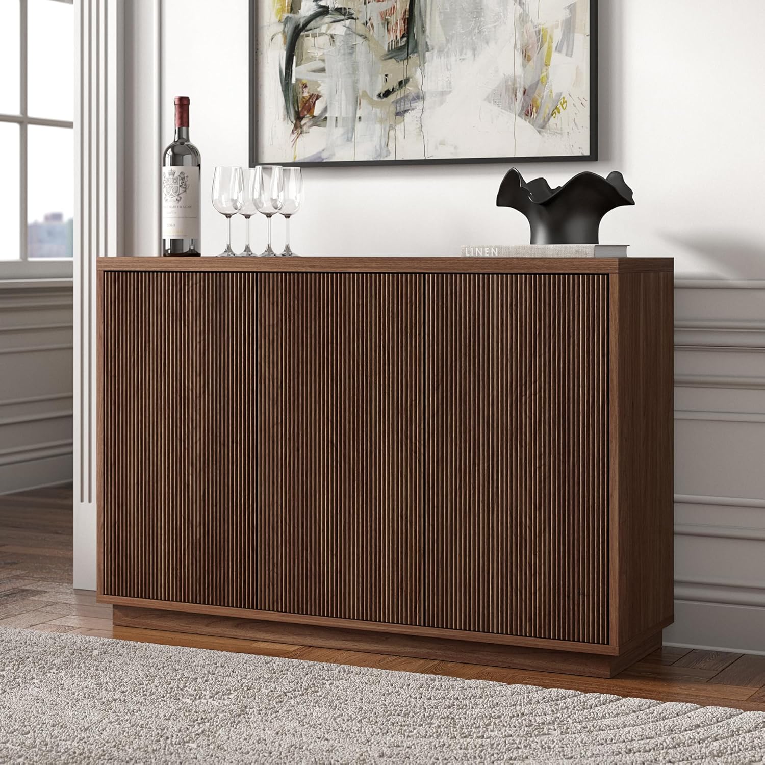 Henn&Hart 47.5'' Fluted Sideboard Buffet Cabinet, Ribbed Modern Wooden Credenza with 3 Doors, Adjustable Shelves, and Cable Management Cut-Outs for Dining Room, Kitchen or Living Room, Satin Walnut