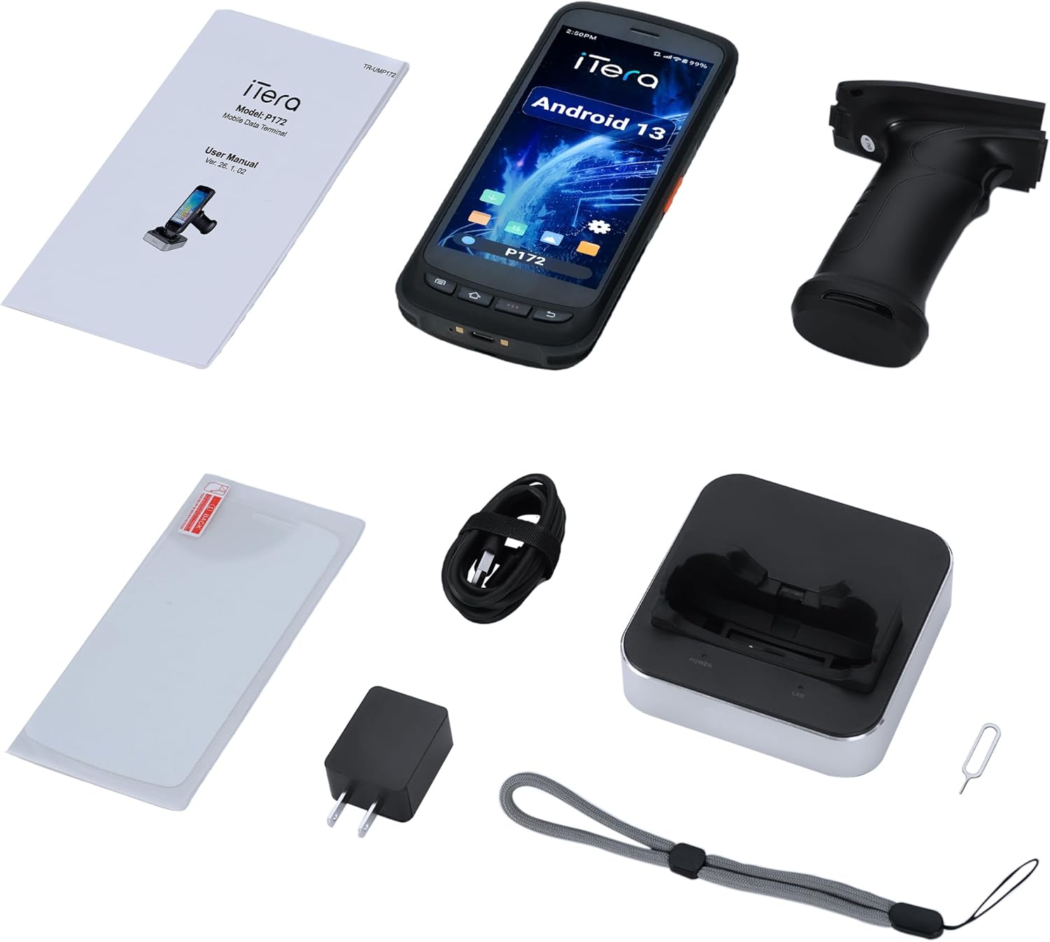 Android 13 Barcode Scanner PDA: SE4710 2D Scanner 8000mAh Battery with Charging Cradle and Pistol Grip Rugged IP65 Handheld Computer for Warehouse Logistics P172