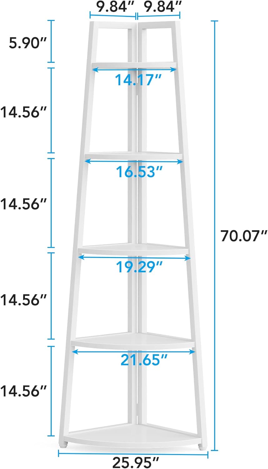 Tribesigns 70 inch Tall Corner Shelf, 5 Tier Modern Corner Bookshelf Bookcase Industrial Corner Ladder Shelf Plant Stand for Living Room, Kitchen, Home Office (White)