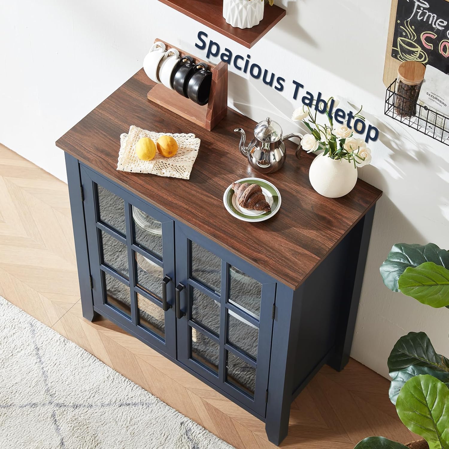 Joaxswe Large Sideboard Buffet Cabinet with Storage, 32" Farmhouse Navy Blue Kitchen Coffee Wine Bar Cabinet with 2 Glass Doors, Wood Mid Century Modern Side Board Table for Dining Room, Living Room
