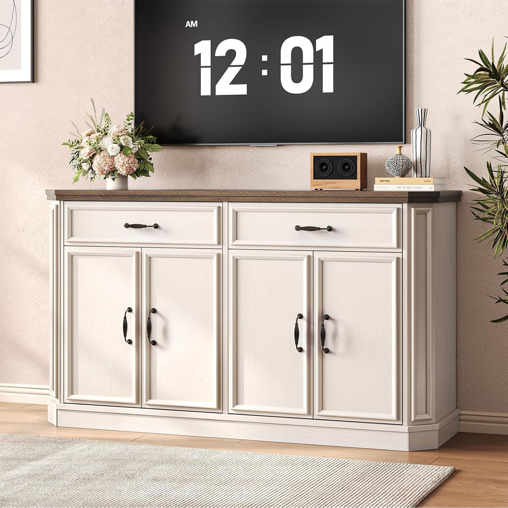 ONBRILL 55" Sideboard Buffet Cabinet with 2 Storage Drawers & 4 Doors, Modern Kitchen Sideboards and Buffets with Adjustable Shelves, Wood Coffee Bar Cabinet for Living Room, Entryway, Off-White