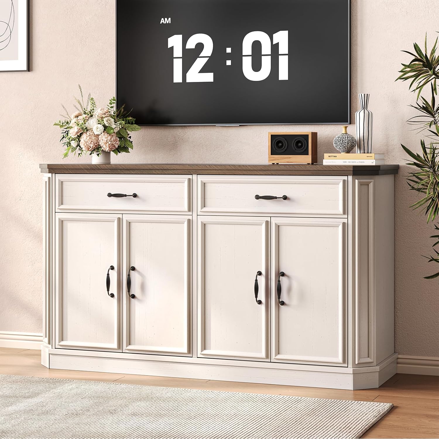 ONBRILL 55" Sideboard Buffet Cabinet with 2 Storage Drawers & 4 Doors, Modern Kitchen Sideboards and Buffets with Adjustable Shelves, Wood Coffee Bar Cabinet for Living Room, Entryway, Off-White