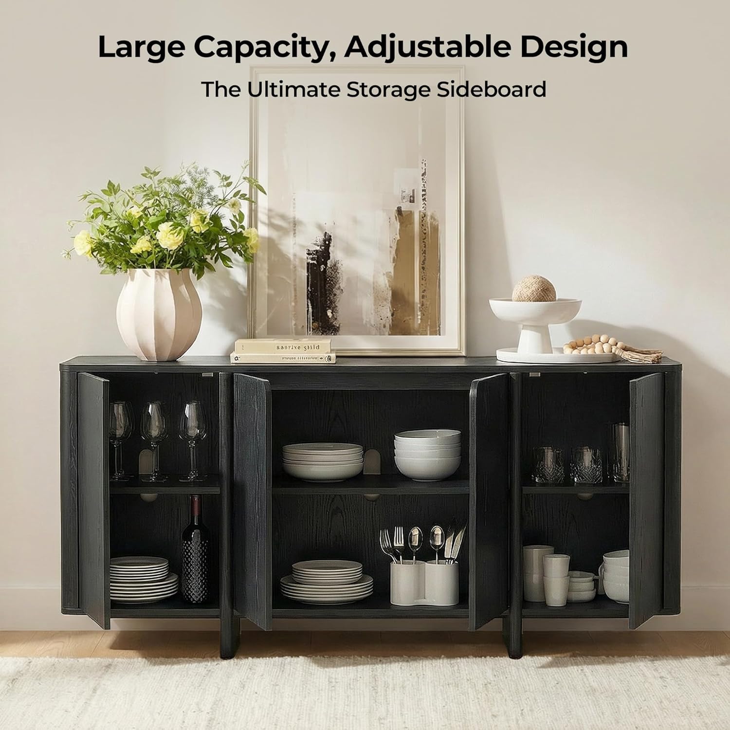 CHITA 66" Sideboard Buffet Cabinet with Storage, Modern Console Cabinet with 4 Doors & Adjustable Shelves, Storage Credenzas for Living Room, Kitchen, Hallway, Bar, Black