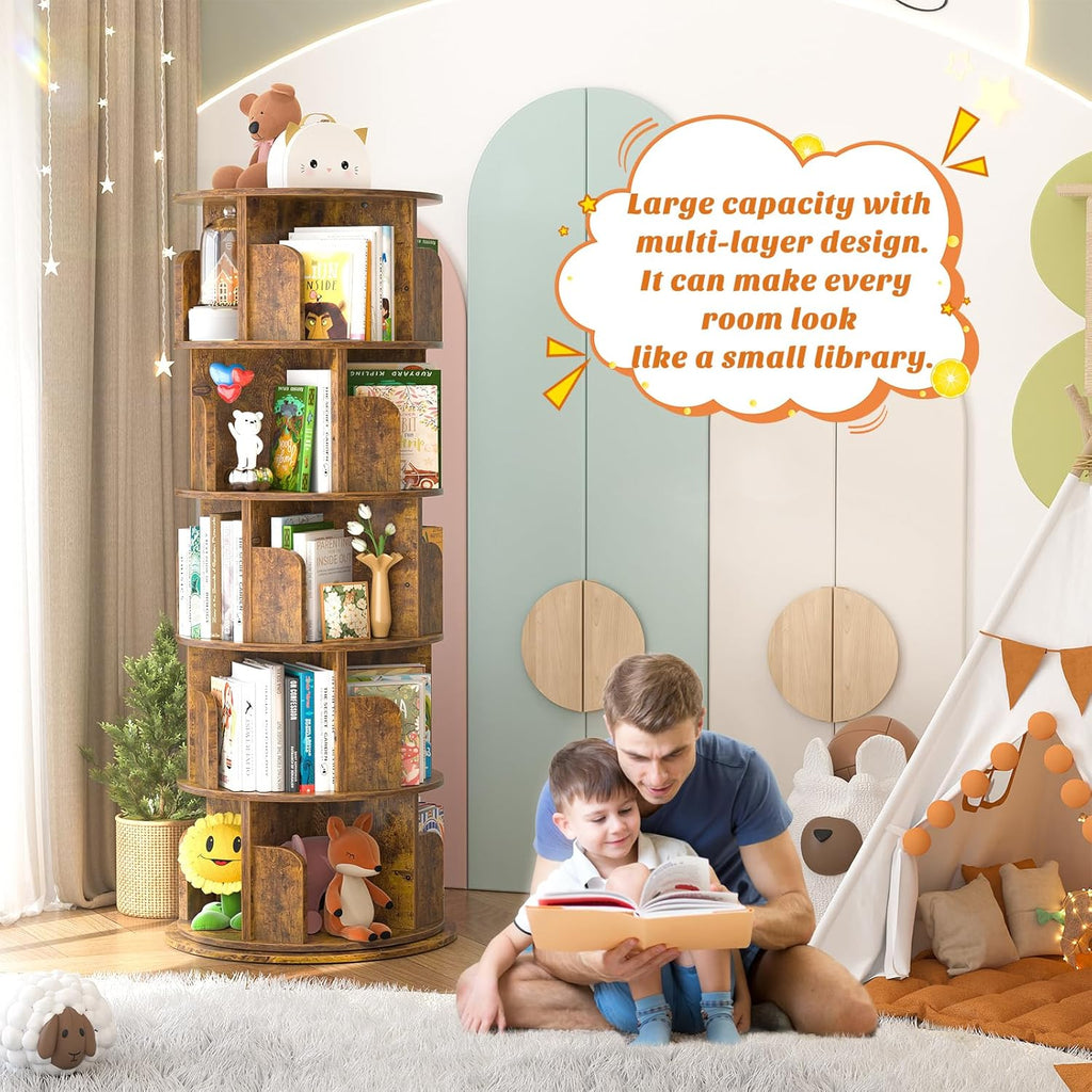 Aheaplus Rotating Bookshelf, 360 Display Wood Spinning Bookshelf Tower, 5 Tier Floor Standing Bookcase Storage Rack, Revolving Bookcase Corner Bookshelfs for Small Space, Study, Bed Room, Rustic Brown