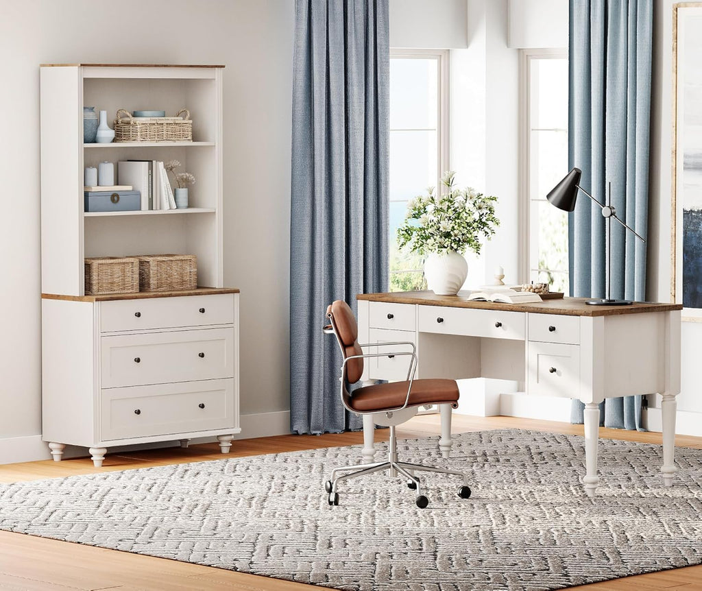 WAMPAT Home Office Furniture Set, 56" Executive Desk with Charging Station, 72" Tall Bookcase with 3 Drawers, Wood Computer Desk with File Cabinet Storage, Open Shelf, White