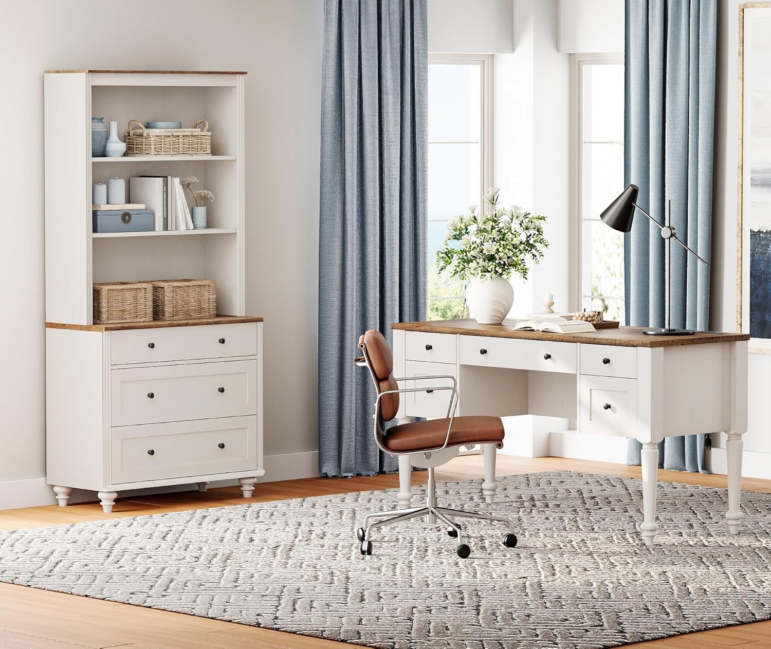 WAMPAT Home Office Furniture Set, 56" Executive Desk with Charging Station, 72" Tall Bookcase with 3 Drawers, Wood Computer Desk with File Cabinet Storage, Open Shelf, White