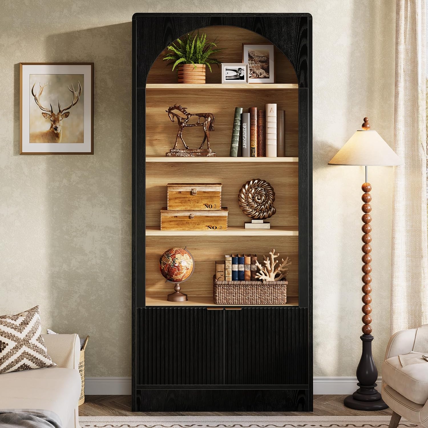 Tribesigns 71" Tall Arched Bookcase, 5-Tier Black Bookshelf with Storage Cabinet, Modern Freestanding Wooden Bookshelves Open Display for Living Room, Home Office, Study