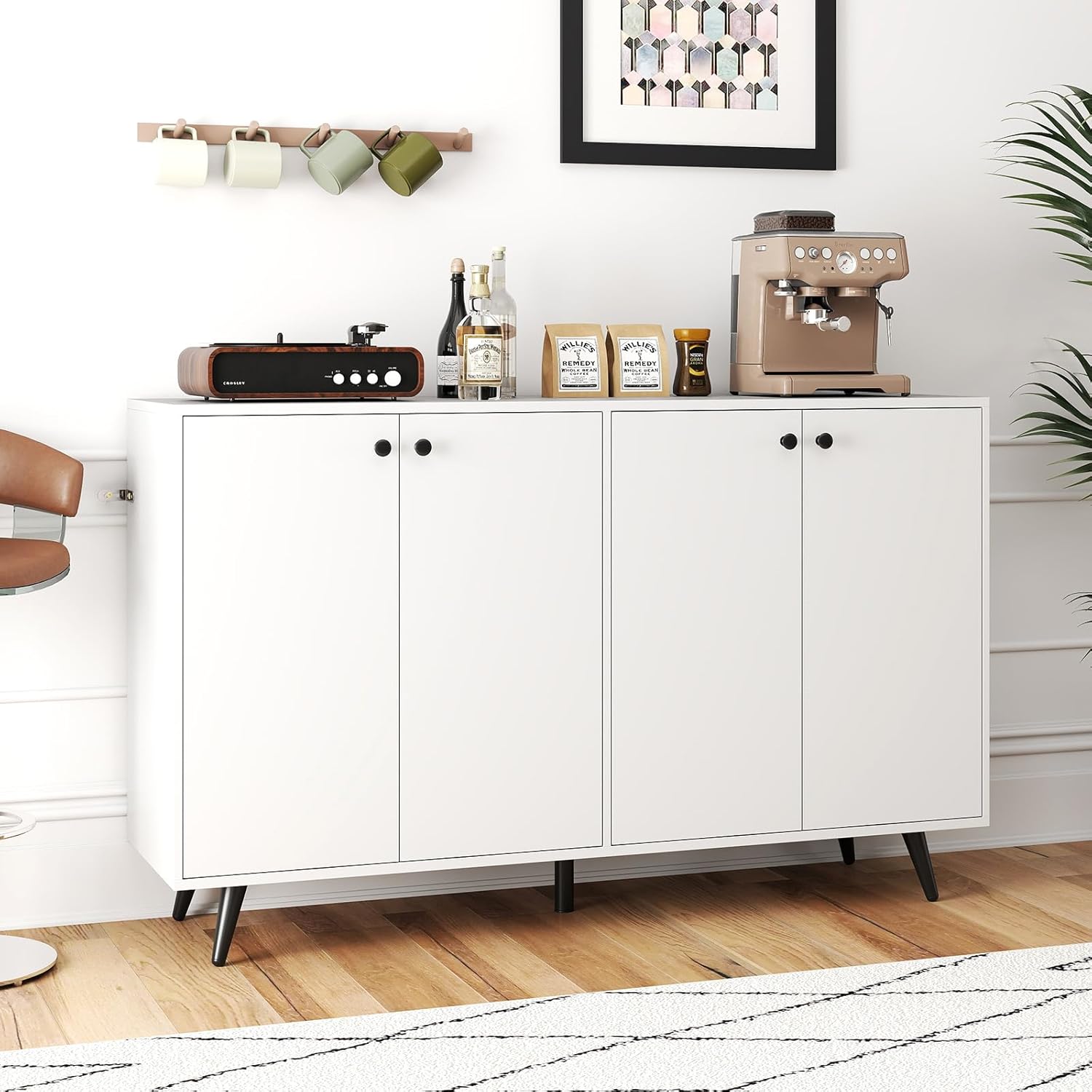 Giantex Sideboard Buffet Cabinet, 50'' Accent Kitchen Storage Cabinet with 4-Door & 5-Position Adjustable Shelves, Modern White Sideboard with 5 Support Legs, Buffet Table for Coffee Bar, Living Room