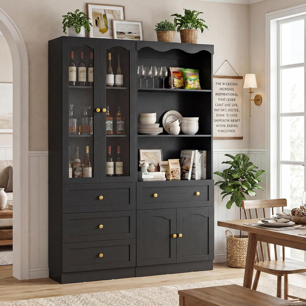 Cyclysio 80" Tall Bookcase with Doors and Drawers, Set of 4 Bookshelves and Bookcases, Arched Glass Display Cabinet and Open Storage Organizer, Farmhouse Library Furniture for Living, Office, Black