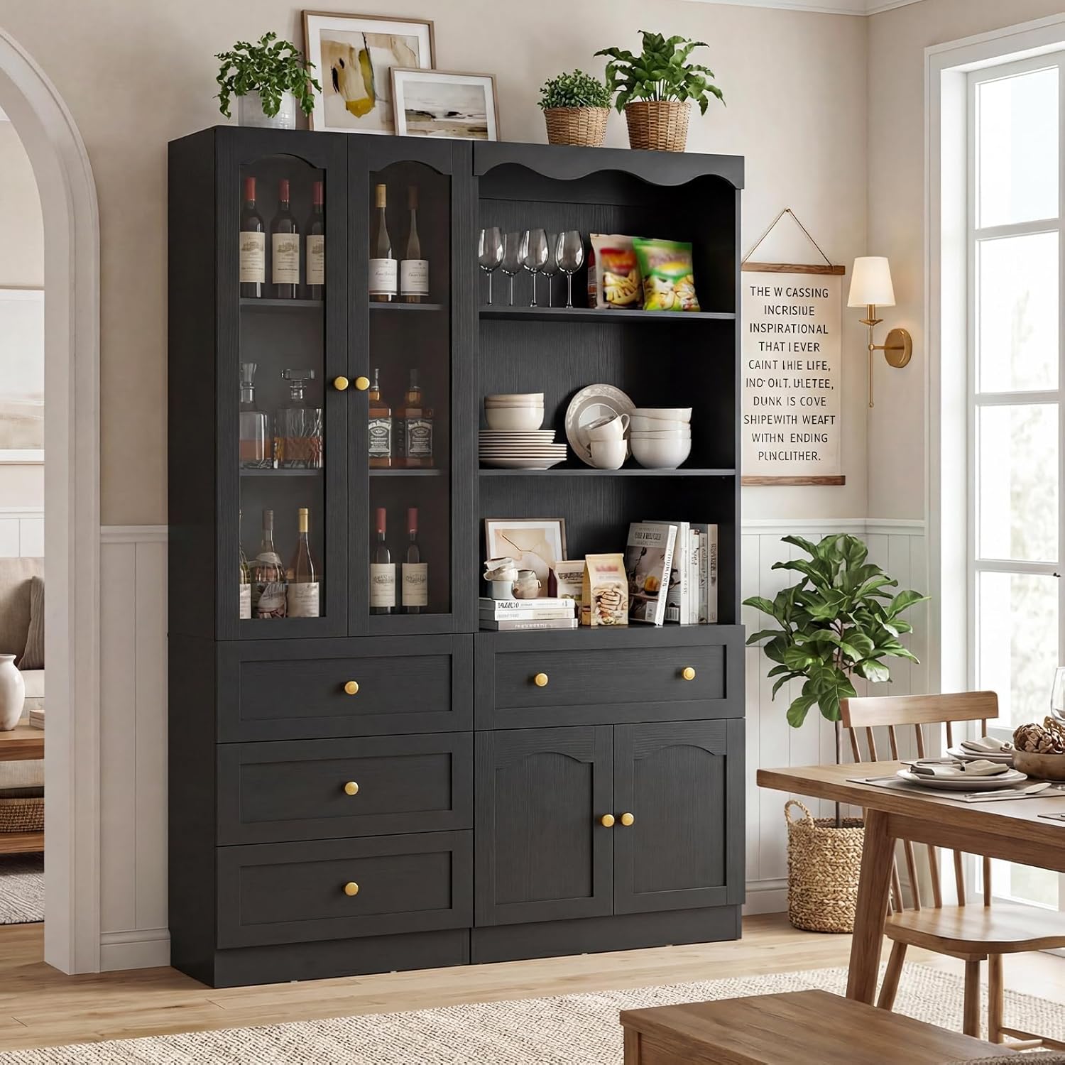 Cyclysio 80" Tall Bookcase with Doors and Drawers, Set of 4 Bookshelves and Bookcases, Arched Glass Display Cabinet and Open Storage Organizer, Farmhouse Library Furniture for Living, Office, Black