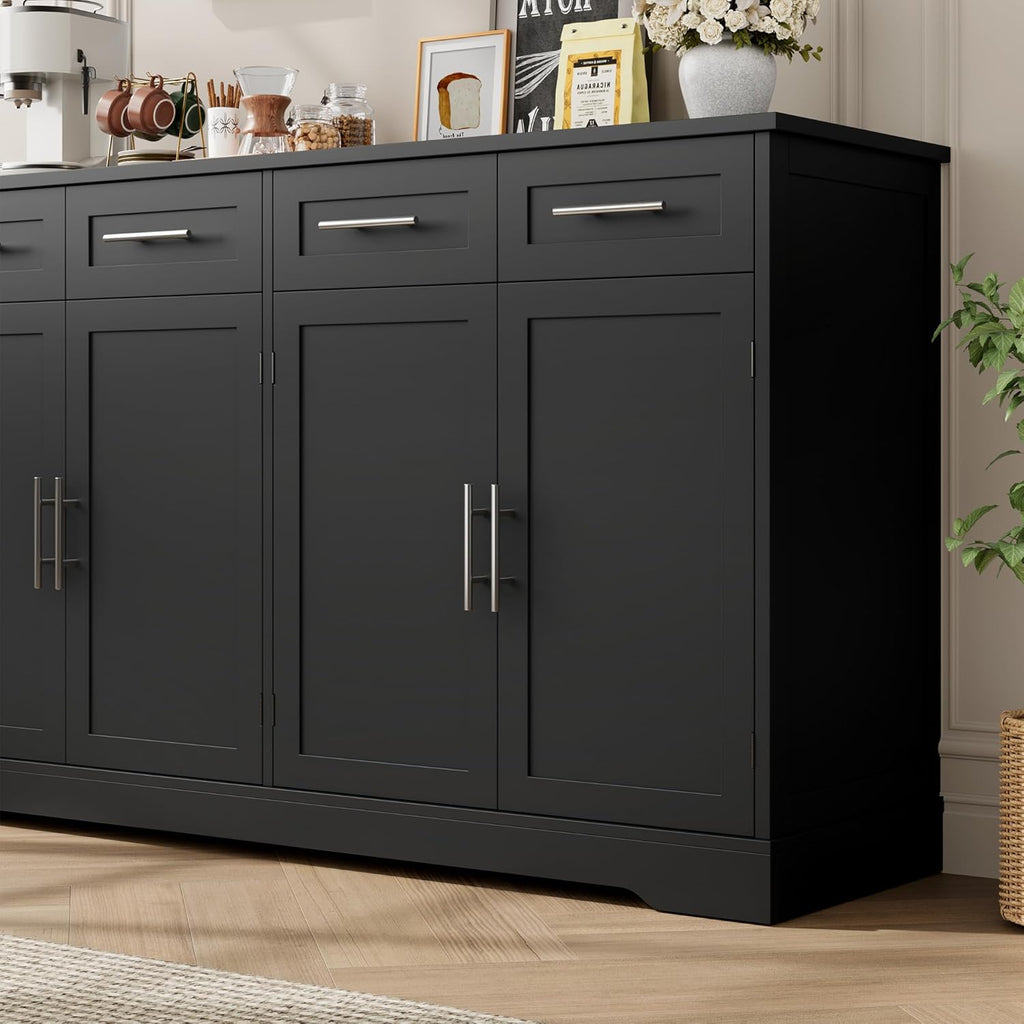HOSTACK 60" Large Buffet Sideboard with Storage, 36" Tall Kitchen Buffet Storage Cabinet with 4 Drawer, Modern Coffee Bar Cabinet with Silver Handle, Long Sideboard Buffet Table for Kitchen, Black