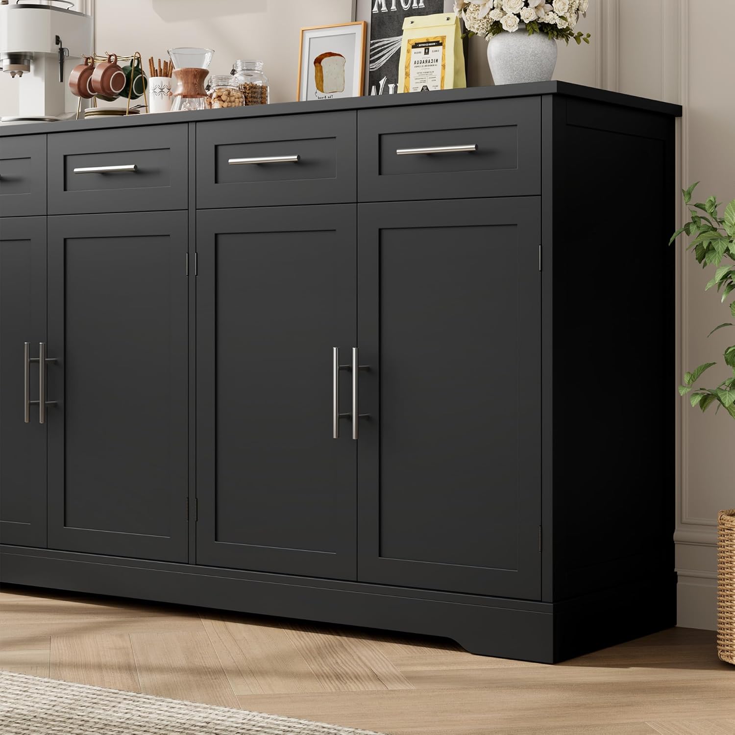 HOSTACK 60" Large Buffet Sideboard with Storage, 36" Tall Kitchen Buffet Storage Cabinet with 4 Drawer, Modern Coffee Bar Cabinet with Silver Handle, Long Sideboard Buffet Table for Kitchen, Black