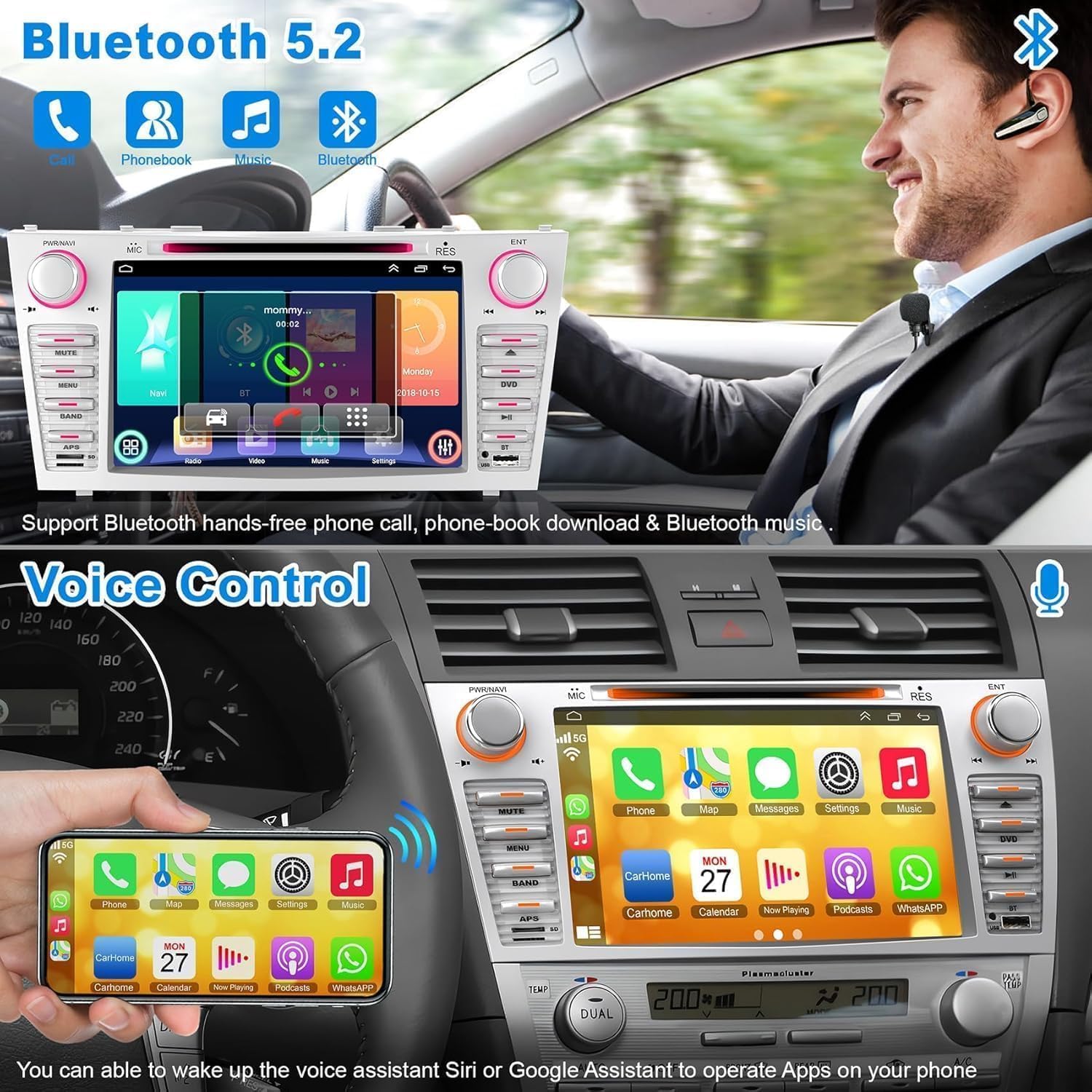 8-Inch Touch Screen Car Stereo with CD/DVD Player for Toyota Camry 2006-2011(Without J-B-L Sound System), Support Bluetooth 5.2, CarPlay/Android Auto, Backup Camera, FM/AM Radio, AUX Input.