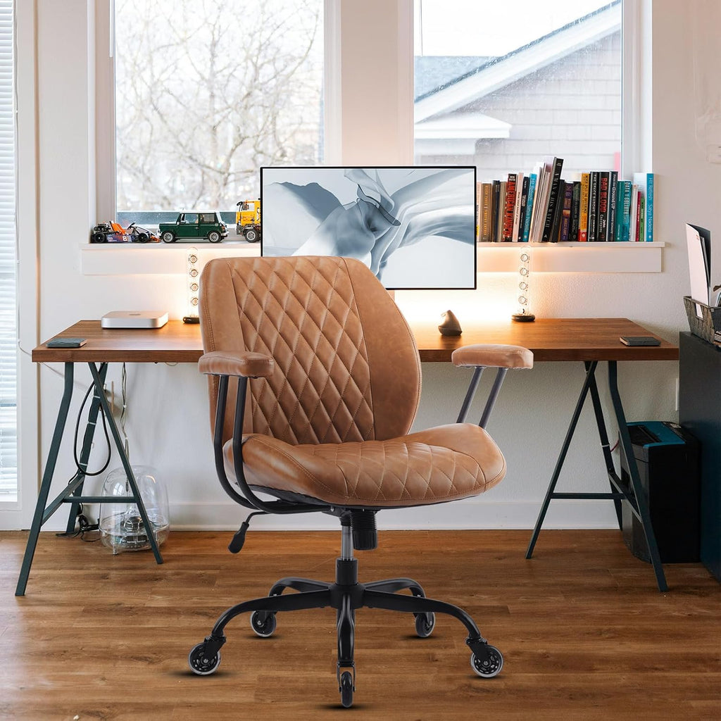 YFO Home Office Desk Chair Office Rubber Casters Ergonomic Computer Chair with Lumbar Support Adjustable Height Rolling Swivel Executive Task Armrests Chair . Brown Leather