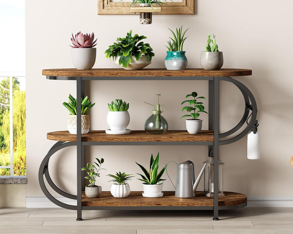 IBF 3 Tier Bookshelf with LED Light & Hooks, Farmhouse Low Horizontal Open Book Shelf, 39" Industrial Wood and Metal Bookcase, Oval Storage Display Shelf for Bedroom, Living Room, Office, Rustic Brown