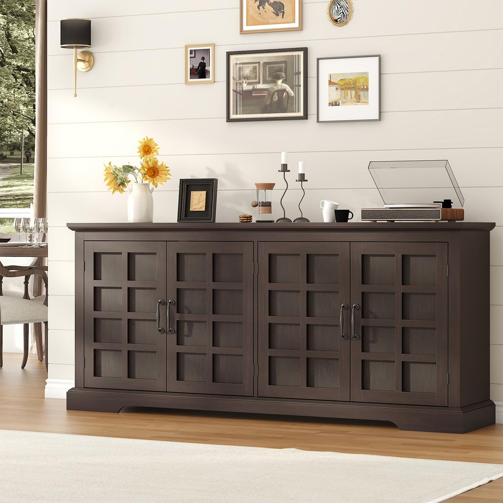 VVFLU 70" Sideboard Buffet Cabinet with Storage, Coffee Bar Cabinet with and 4 Doors, Long Wider Storage Cabinet Modern Farmhouse, Brown Wood, for Kitchen, Dining Room, Living Room