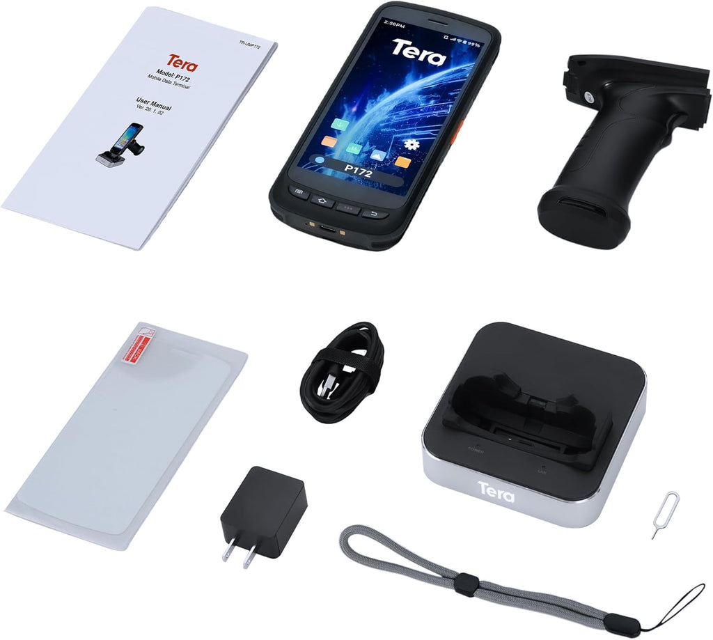 Tera Android 11 Barcode Scanner PDA: with Charging Cradle Pistol Grip 8000mAh Extra Large Battery Handheld Mobile Computer 5.2” Full Touch Screen Zebra 2D Scan IP65 Graded Inventory Scanner P172