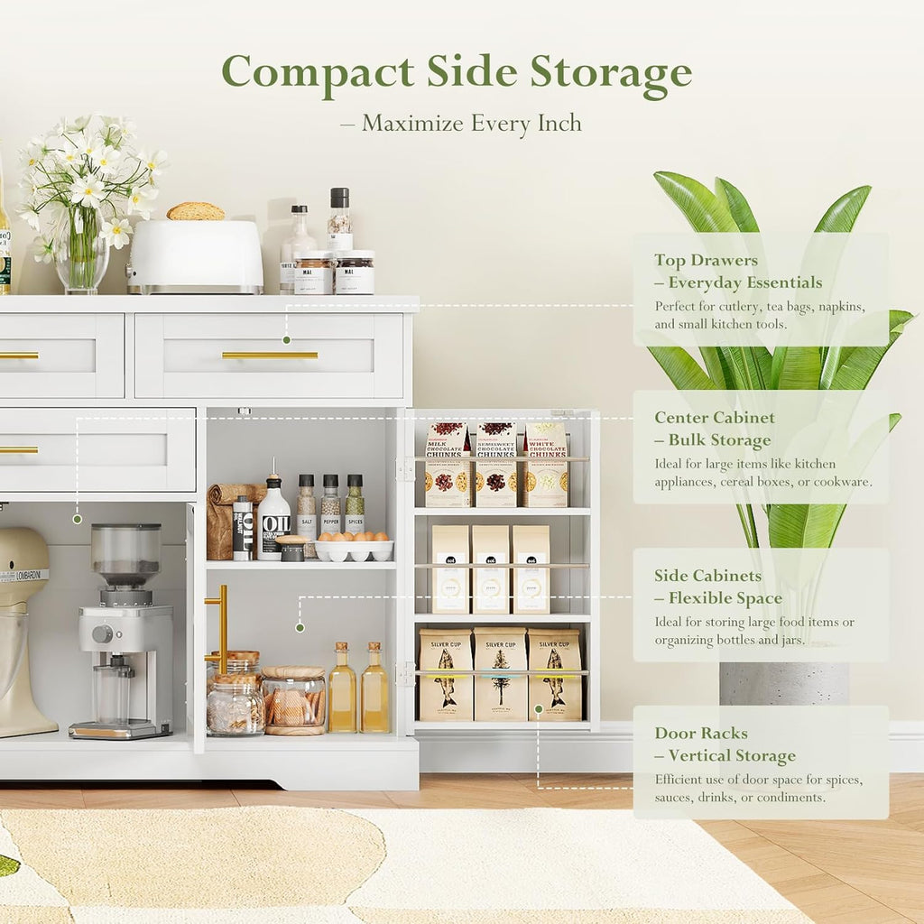 Concho 54" Buffet Cabinet with Storage, Kitchen Sideboards Small Coffee Bar Cabinet with 4 Drawers, Modern Kitchen Storage Cabinet for Living Room, White