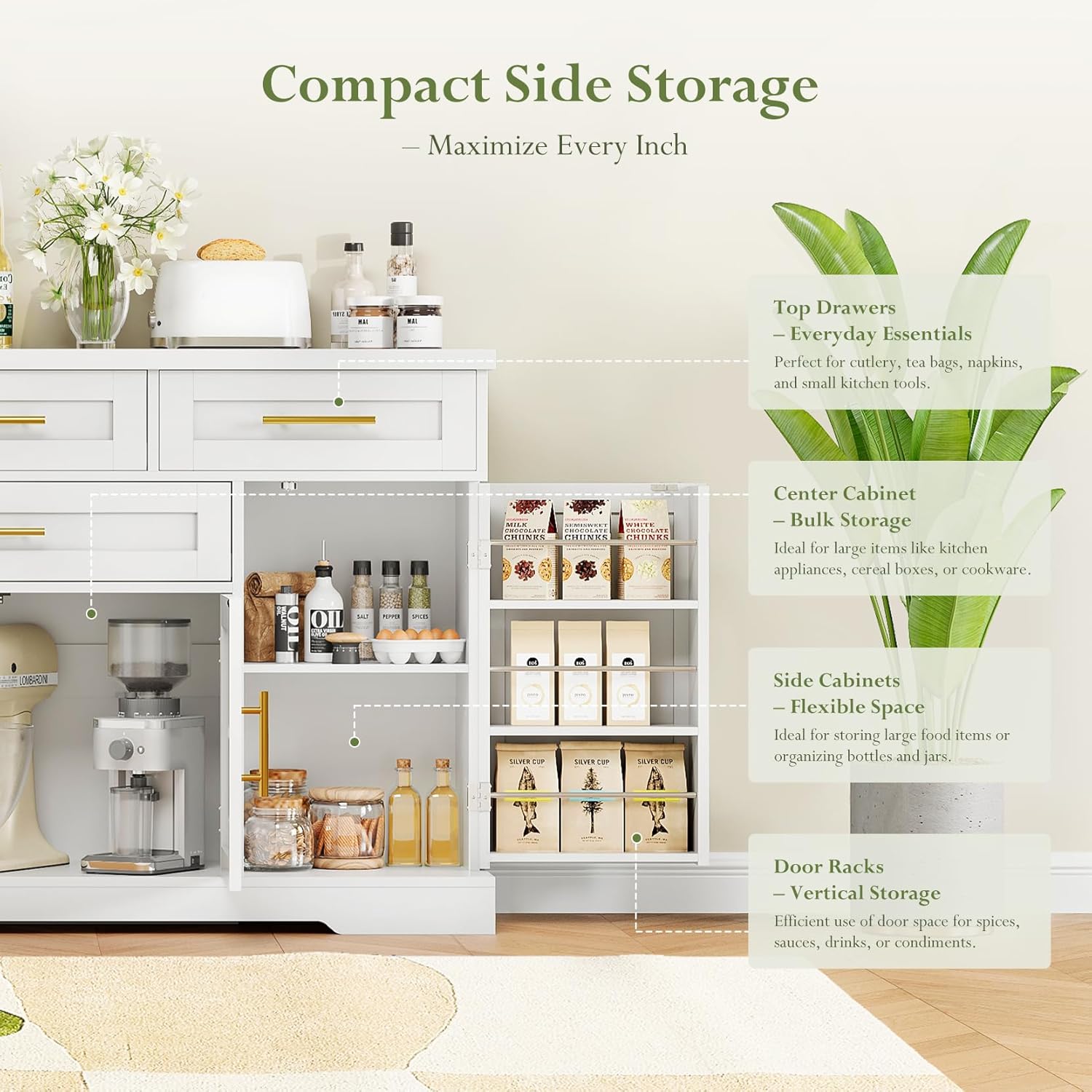 Concho 54" Buffet Cabinet with Storage, Kitchen Sideboards Small Coffee Bar Cabinet with 4 Drawers, Modern Kitchen Storage Cabinet for Living Room, White