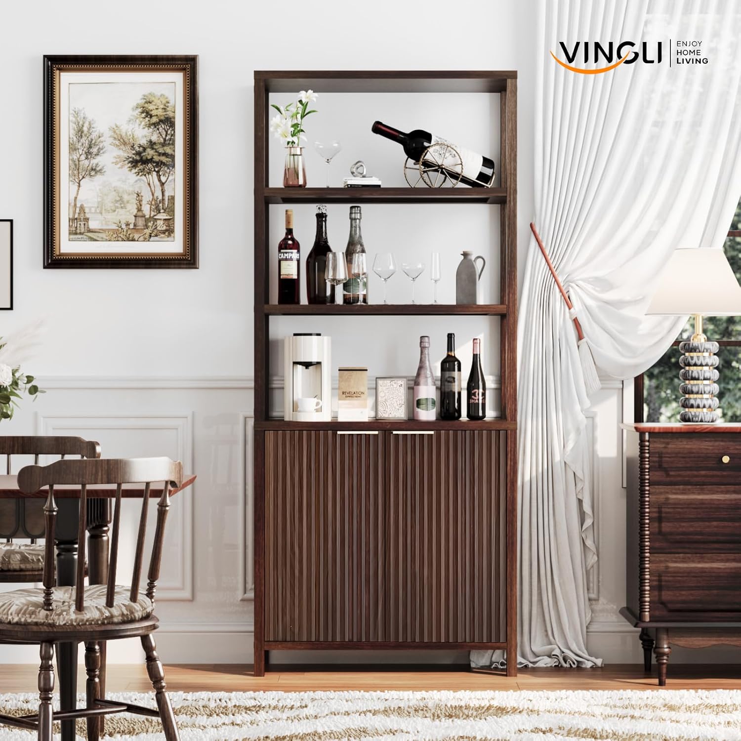 VINGLI Bookcase with Fluted Doors, 71" Wood Storage Cabinet with Adjustable Shelves, 6-Tier Display Cabinet Bookshelf for Study, Living Room, Home Office, Kitchen Pantry, Walnut