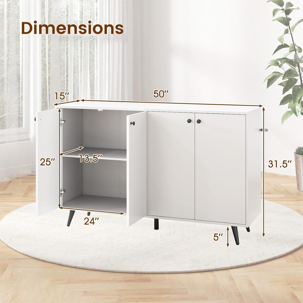 Giantex Sideboard Buffet Cabinet, 50'' Accent Kitchen Storage Cabinet with 4-Door & 5-Position Adjustable Shelves, Modern White Sideboard with 5 Support Legs, Buffet Table for Coffee Bar, Living Room
