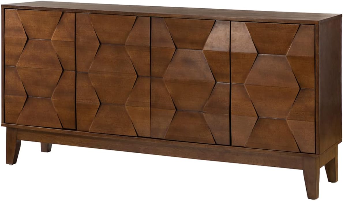 HULALA HOME Mid Century Sideboard Buffet Cabinet with Solid Wood Legs, 60" Kitchen Storage Cabinet Credenza with 4 Doors and 2 Shelves, Accent Console Table, Walnut