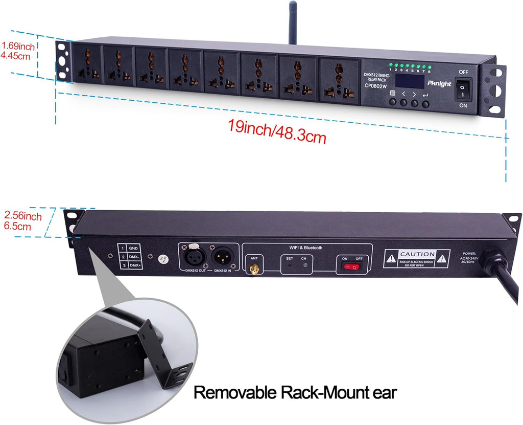Pknight Pknight 2.4G Wireless WiFi & RS485 8-Outlet Smart PDU DMX Relay – Programmable Power Sequencer with DMX512 Control, Rack-Mount Power Distribution Unit for Home & Studio