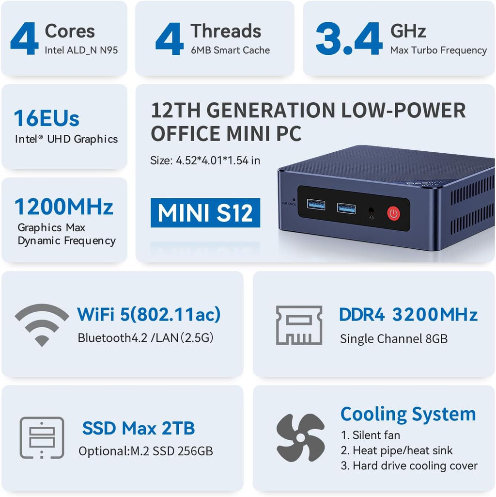 Beelink Mini S12 Mini PC, 12th Intel Alder Lake- N95 (4C/4T, up to 3.4GHz), 8GB DDR4 256GB M.2 SSD, Mini Desktop Computer Support 4K@60Hz Dual Display/WiFi 6/BT5.2/USB 3.2/2.5GB LAN for Home/Office