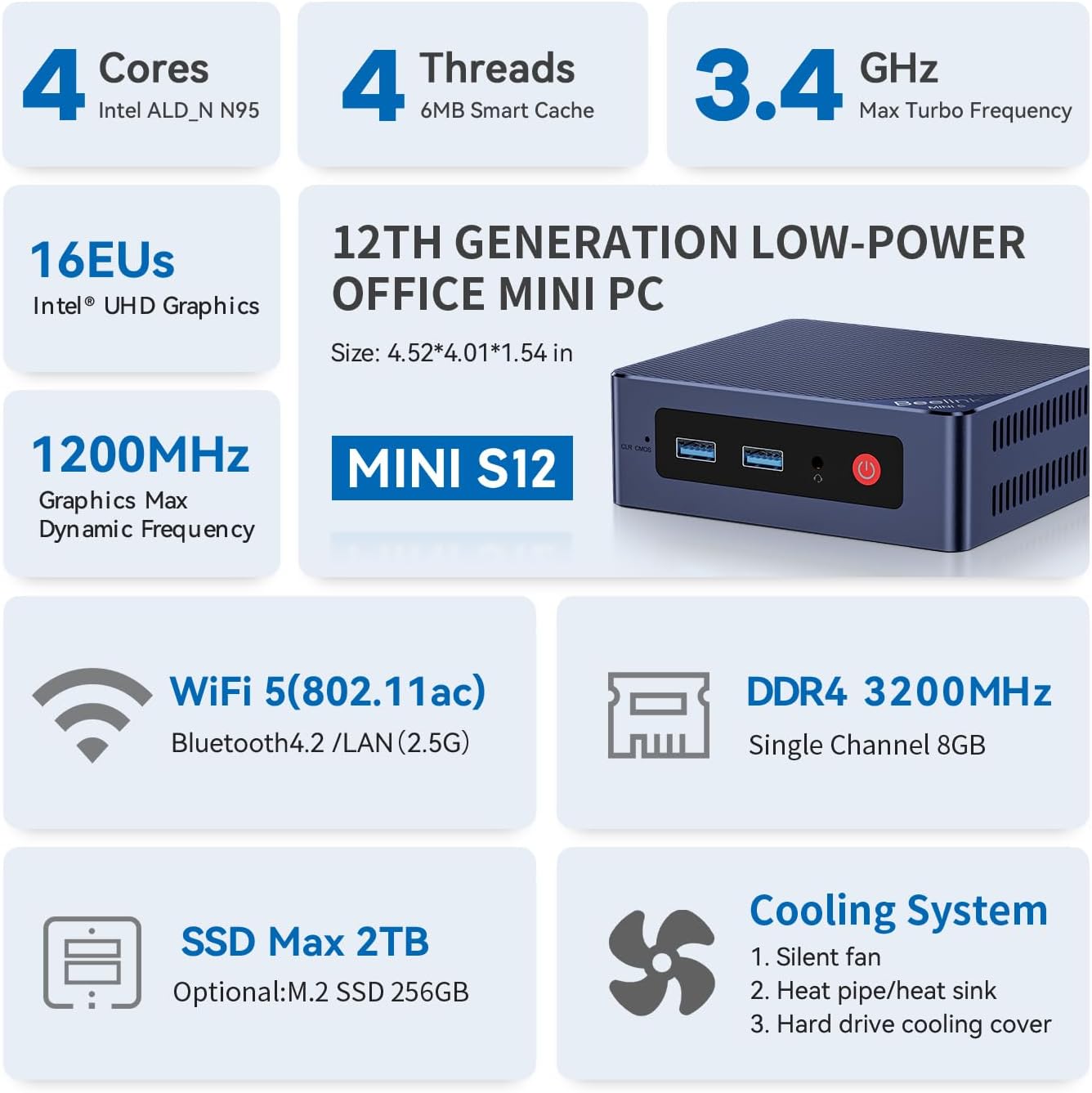 Beelink Mini S12 Mini PC, 12th Intel Alder Lake- N95 (4C/4T, up to 3.4GHz), 8GB DDR4 256GB M.2 SSD, Mini Desktop Computer Support 4K@60Hz Dual Display/WiFi 6/BT5.2/USB 3.2/2.5GB LAN for Home/Office