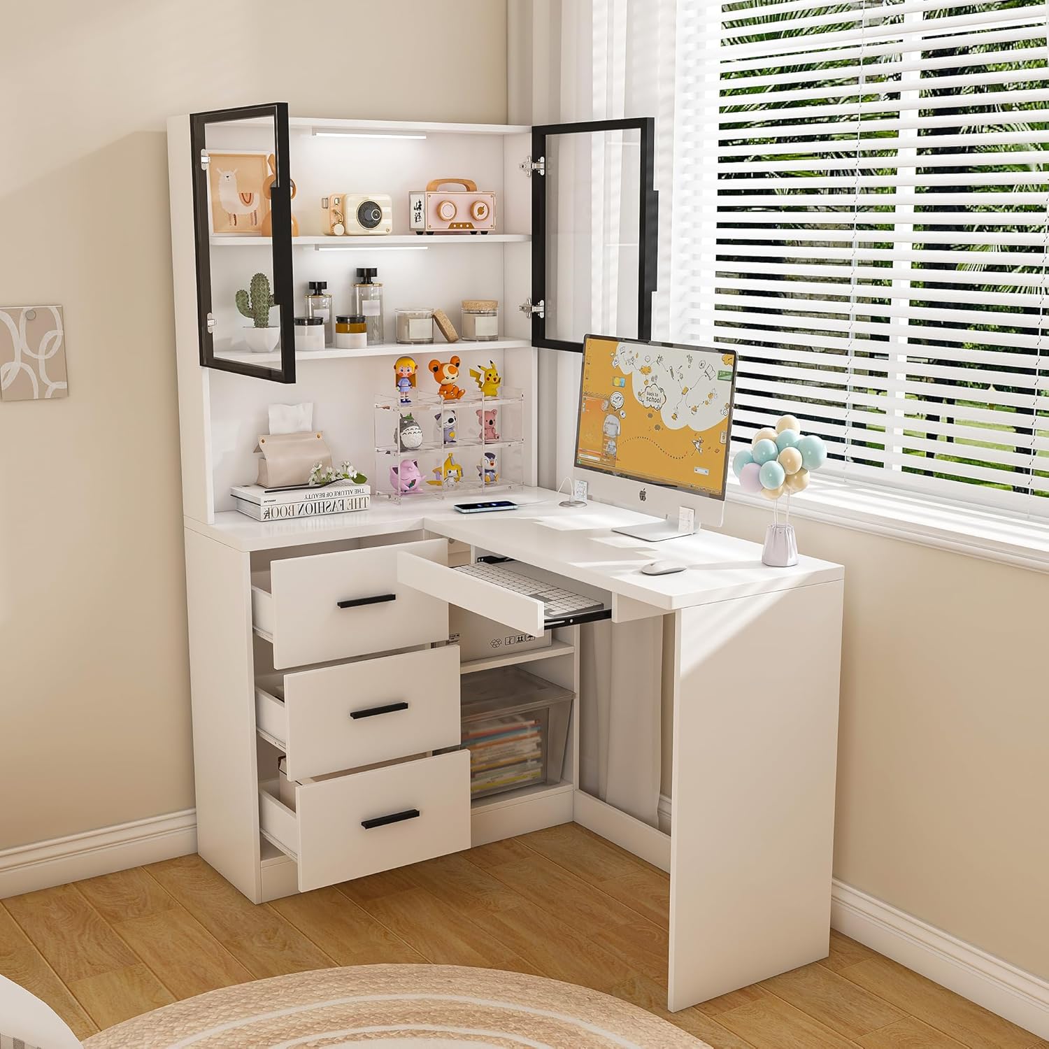 43" LED Lighting Work Desk, Office Table with USB Charging, Study Table with Storage for Home & Corporate Workspaces, White