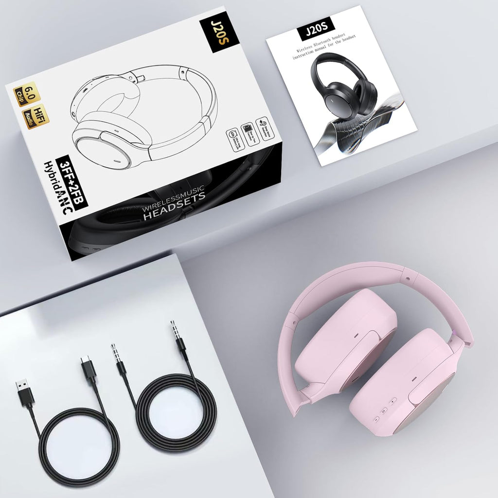 Hybrid ANC Wireless Over-Ear Headphones, 100H Playtime, Hi-Res Audio, Bluetooth 6.0, Multi-Mode Noise Cancellation, Comfort Fit, iOS & Android Compatible, Foldable Design, Travel-Friendly (Pink)