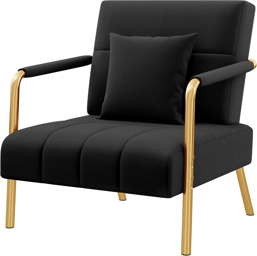 Yaheetech 30" W Accent Chair Velvet Oversized Armchair Living Room Chair with Golden Frame & Cozy Pillow for Living Room, Bedroom, Office Black