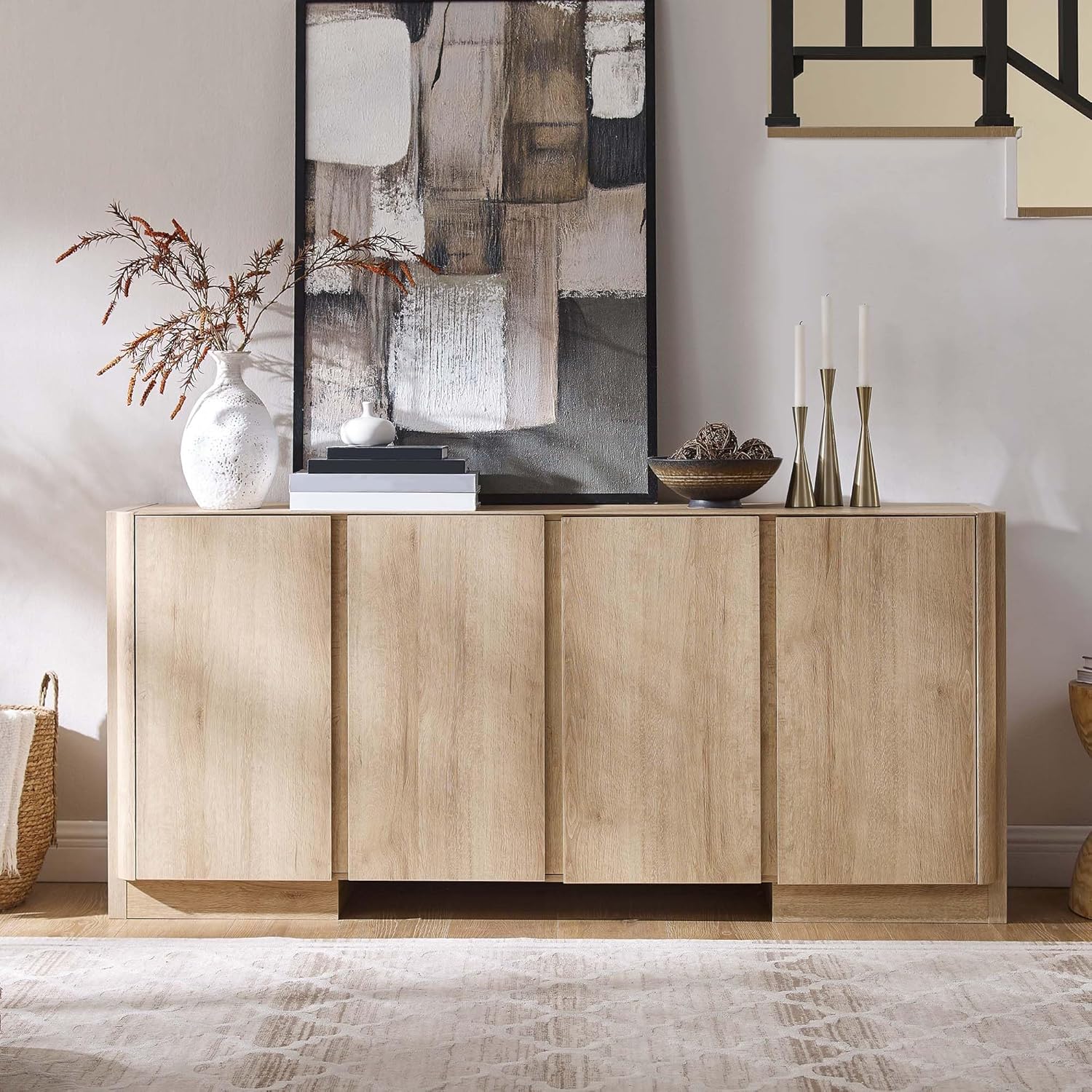 66" Large Sideboard Buffet Cabinet with Storage, 30" Tall Modern Kitchen Storage Cabinet, Adjustbale Shelf, Coffee Bar, Long Accent Table for Dining Room, Living Room, Entryway, Natural Oak