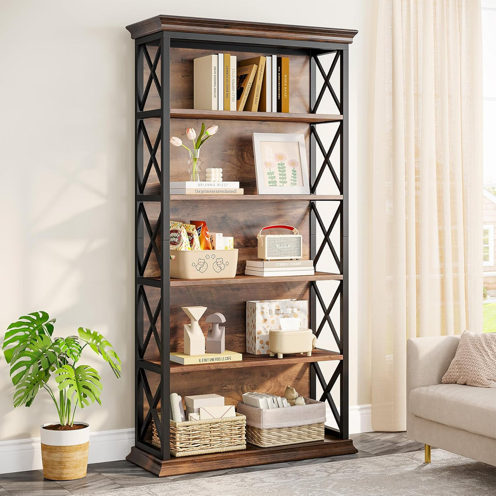 Tribesigns 6-Tier Bookcase, 71 Inches Industrial Bookshelves and Bookcases, Floor Standing 5 Shelf Display Storage Shelves Tall Bookcase for Home Office, Living Room, Bed Room, Brown and Black
