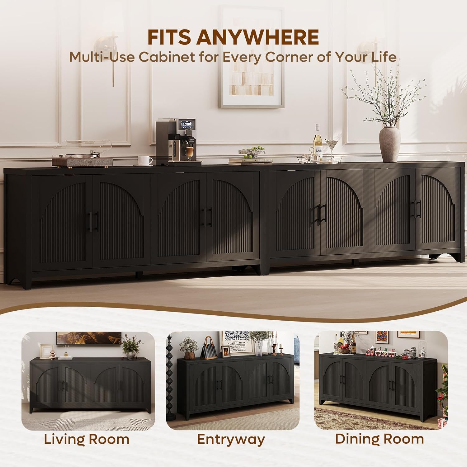 Bestier 70" Sideboard Buffet Cabinet with Storage, Modern Credenza Storage Cabinet, Farmhouse Arch Fluted Doors & Adjustable Shelves,Soild Wood Side Board Long Cabinet for Living Room, Entryway, Black