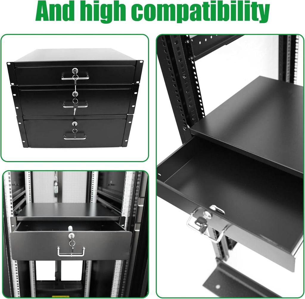 Server Cabinet Drawer Case Rack Drawer 19 Inch Rack Cabinet Mount Lockable Deep Drawer with Two Keys 18in Depth, Height 2U(3.5Inch) 19" W x 18" D x 3.5" H (CT18-2U, 2U18)