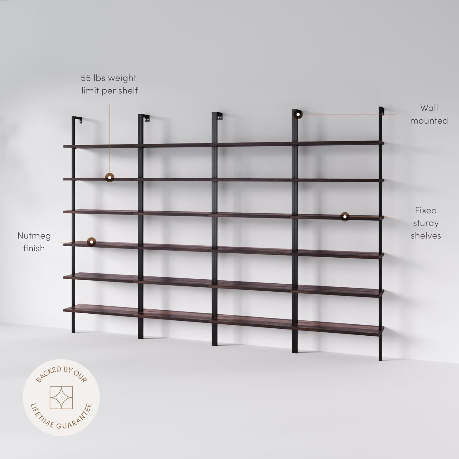 Nathan James Theo 6-Shelf Tall Bookcase, Wall Mount Bookshelf with Natural Wood Finish and Industrial Metal Frame, Nutmeg/Matte Black, Set of 4