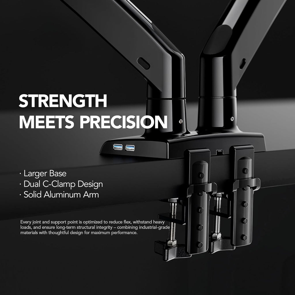 HUANUO Dual Monitor Stand for 13″–40″, Premium Dual Monitor Mount with USB, Height Adjustable Monitor Stand for 2 Monitors, VESA Mount with Clamp/Grommet Base, Holds 26.4lbs per Arm, HNDS7