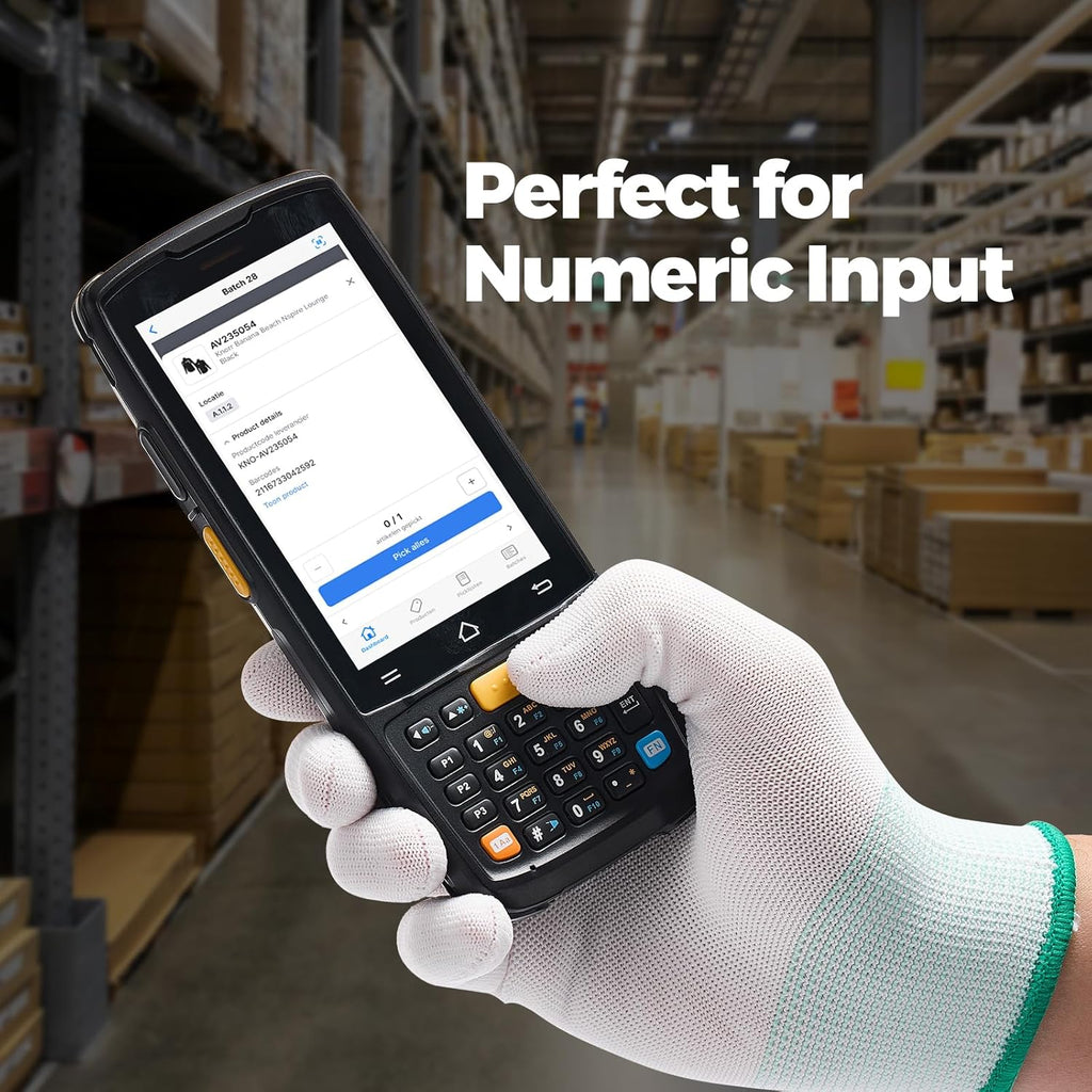 MUNBYN Android 14 Barcode Scanner with Pistol Grip,Equipped with Honeywell HS7 QR Scanner, 4GB+64GB Handheld PDA, 4-inch Touchscreen, IP65 Rugged, 5000mAh for Inventory Warehouse Logistics MC005P