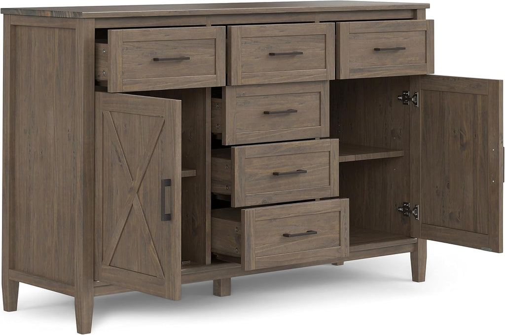 SIMPLIHOME Ela Buffet - 54 inch Wide Solid Wood 3-Door Sideboard Buffet in Smoky Brown, Transitional Storage Cabinet for Dining Room or Kitchen with Adjustable Shelves and Brushed Metal Hardware
