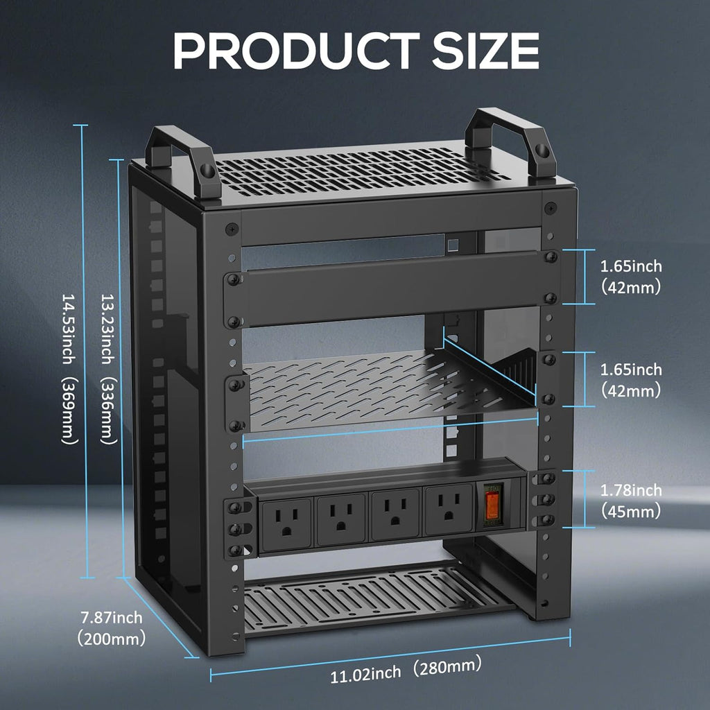 6U Network Rack Unit with Rack-Mounted PDU Power Outlets, a 10-inch Mini Server Rack, and a Depth of 7.87 inches. Suitable for IT Equipment, Networks, Servers, Audio and Video Equipment.