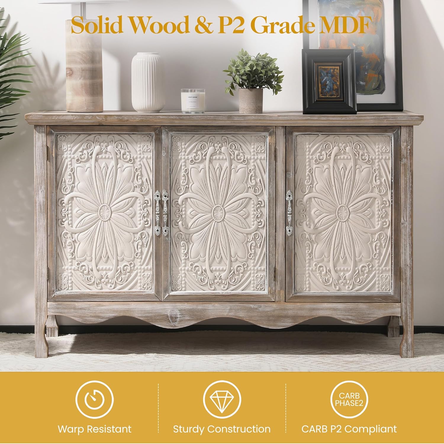 RoyalCraft Farmhouse Sideboard Buffet Cabinet with Storage, 49" Solid Wood Credenza Buffet Table Coffee Bar Wine Bar Storage Cabinet with 3 Doors for Dining Room Living Room Hallway, (Provence Gray)