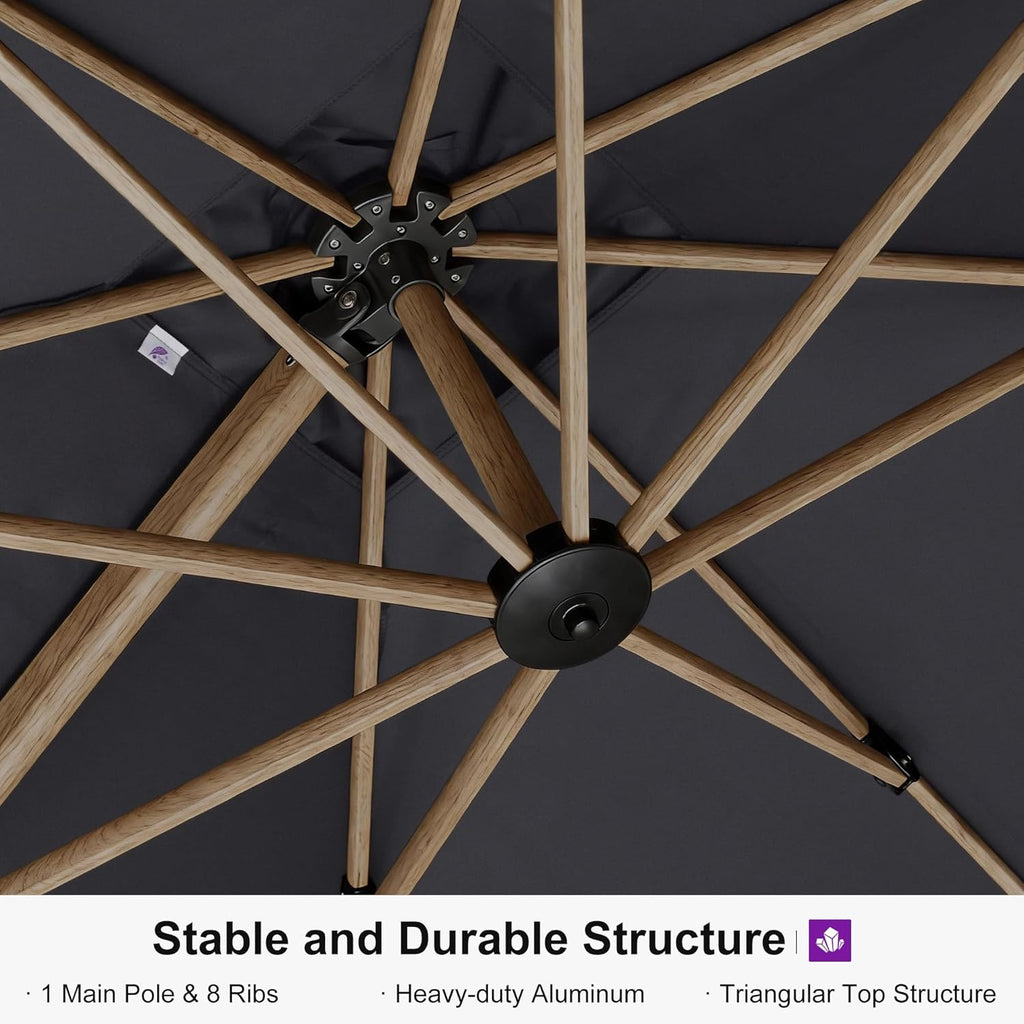 PURPLE LEAF 10' x 13' Rectangle Patio Cantilever Umbrella With Base Large Hanging Umbrella Teak Finished Aluminum Frame Windproof Offset Outdoor Sun Umbrellas for Beach Pool Deck, Grey
