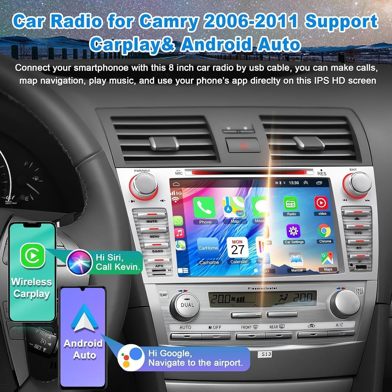 8-Inch Touch Screen Car Stereo with CD/DVD Player for Toyota Camry 2006-2011(Without J-B-L Sound System), Support Bluetooth 5.2, CarPlay/Android Auto, Backup Camera, FM/AM Radio, AUX Input.
