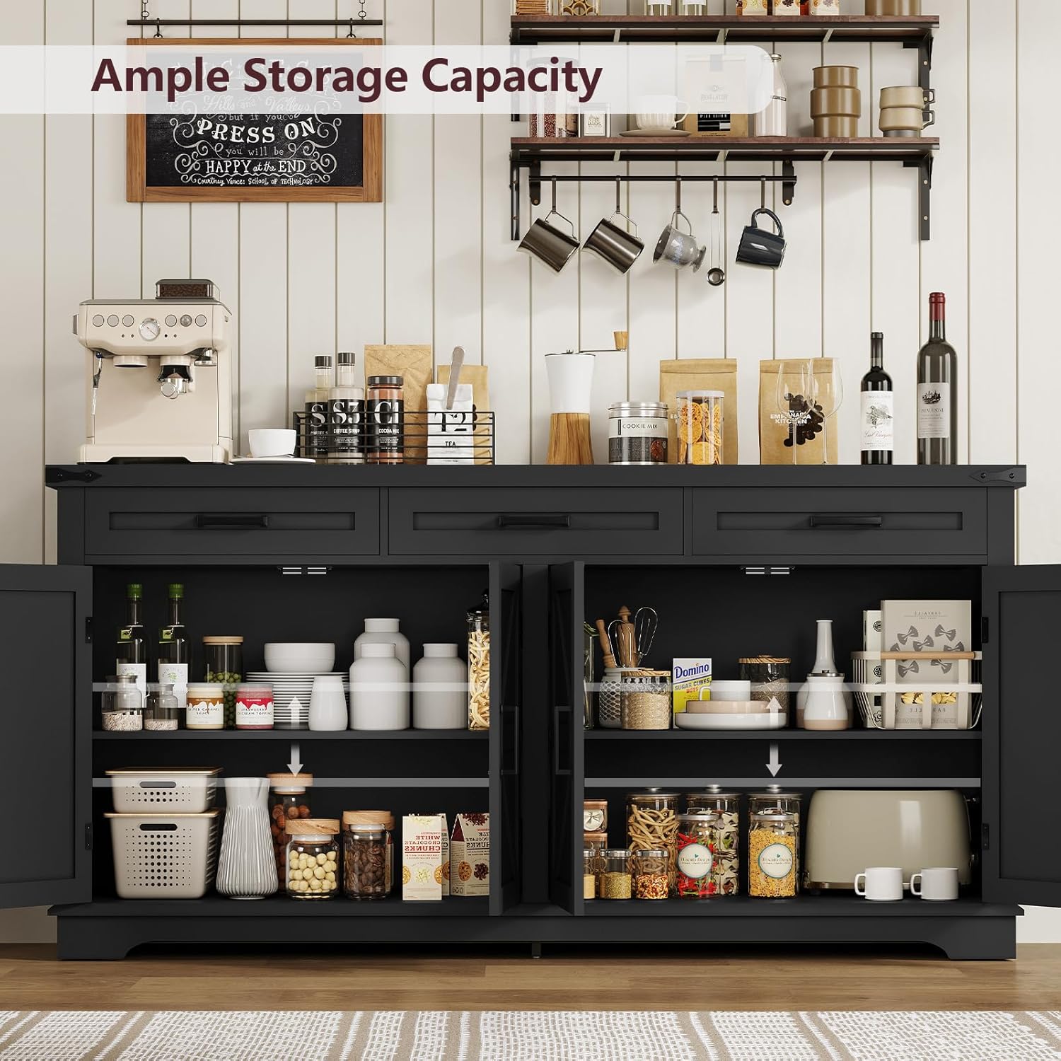 usikey Buffet Cabinet, 61” Large Sideboard Buffet Storage Cabinet with 3 Drawers, Farmhouse Coffee Bar with 4 Doors, for Kitchen, Living Room, Black