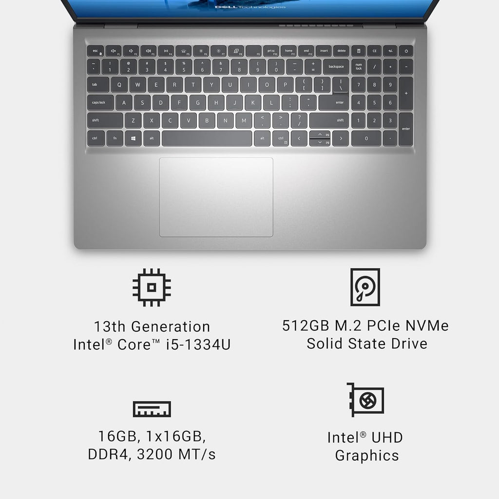 Dell 15 Laptop DC15250-15.6-inch FHD (1920x1080) 120Hz Display, Intel Core i5-1334U Processor, 16GB DDR4 RAM, 512GB SSD, Intel UHD Graphics, Windows 11 Home, Onsite Service - Platinum Silver