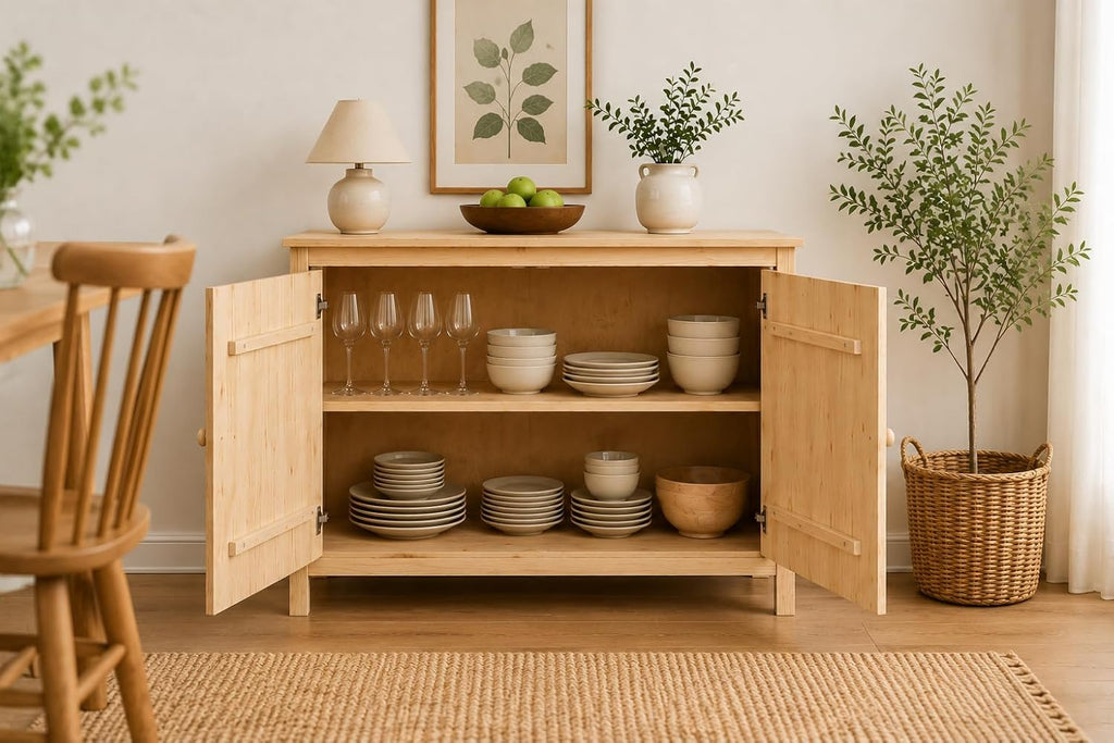 From the Tree Furniture 44" Wide Solid Pine Shaker Sideboard Buffet Cabinet — Natural Unfinished — 2 Doors Adjustable Shelf — No Drawer · Anti-Tip Included — Stain-Ready for Dining Room & Kitchen