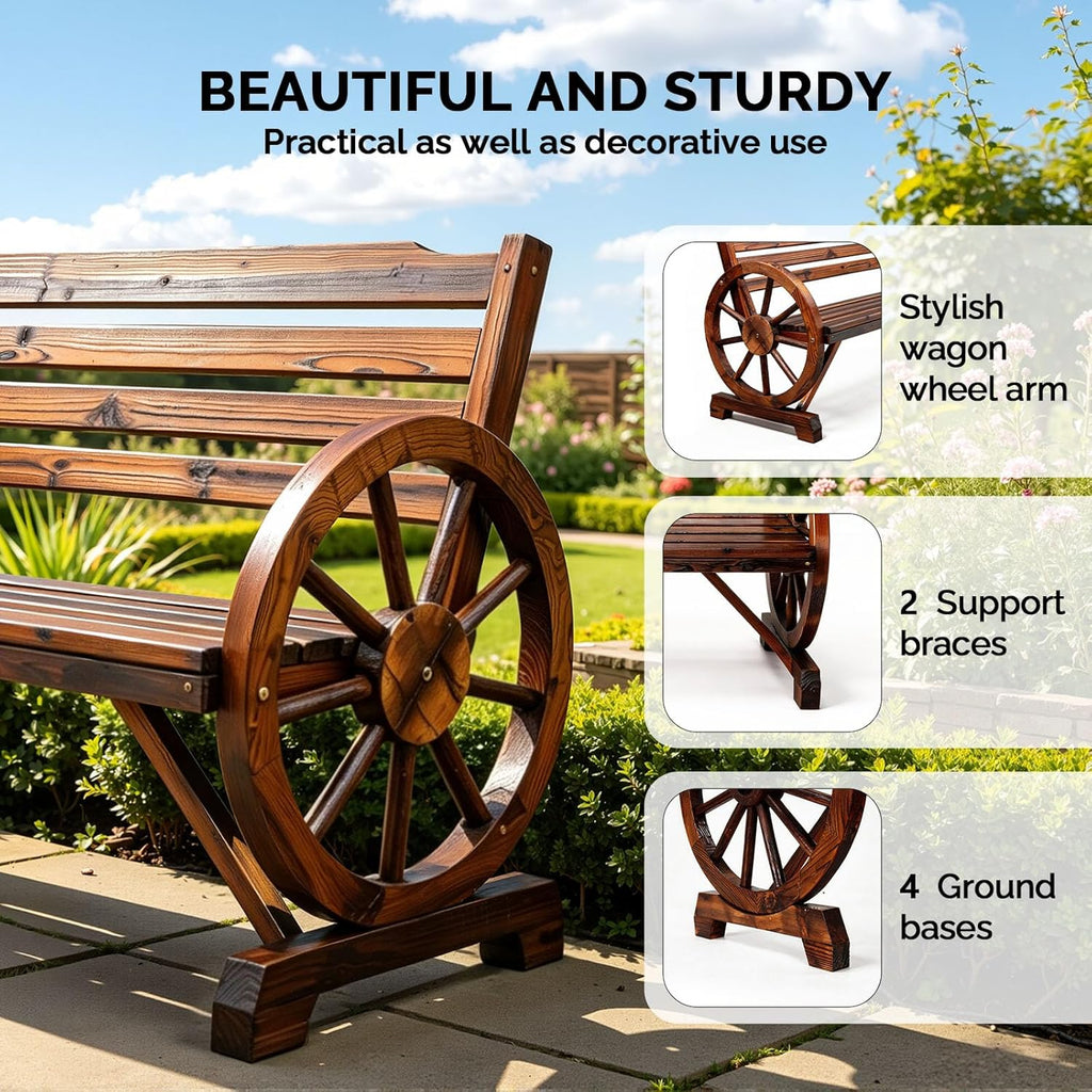 VINGLI Rustic Wooden Wheel Bench Outdoor Bench, Patio Bench Wagon Slatted Seat, Garden Benches for Outdoors 350lbs High Capacity, Weather Resistance (Rustic, 55in)